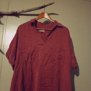 Relaxed Collared Shirt Dress - Rust Red